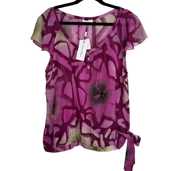 Calvin Klein Pink Purple Abstract Print Blouse Size XL Flutter Sleeves Tie‎ Side - Picture 1 of 7